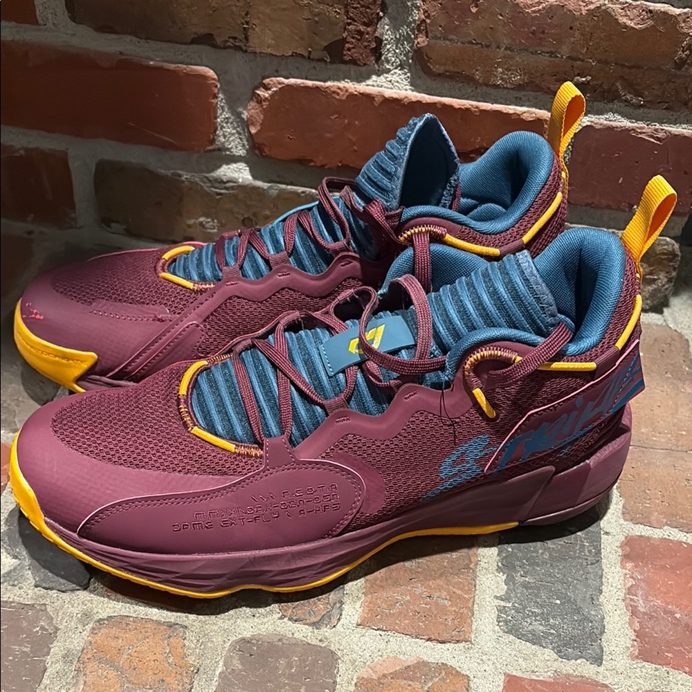 Adidas Mens Dame 7 EXTPLY ‘three’ Maroon and Yellow Basketball Shoes